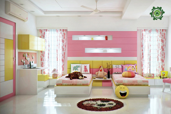 Phòng ngủ màu hồng kết hợp với màu vàng